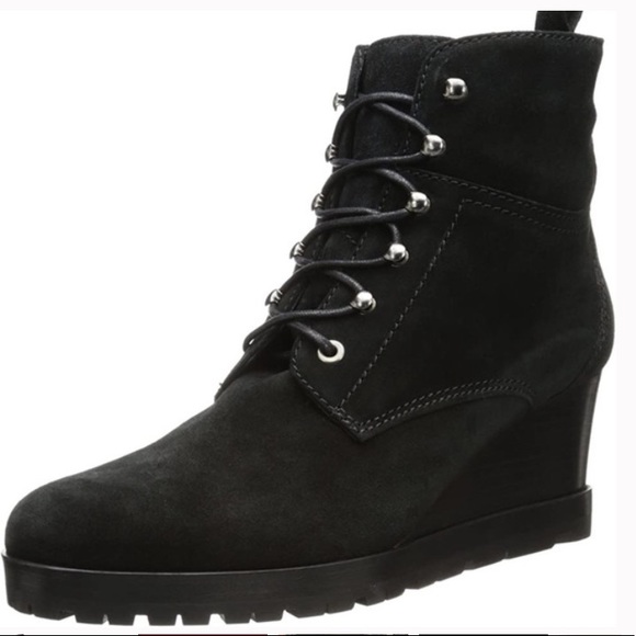 Aquatalia Marvin K 8-1/2 waterproof suede wedge zip & lace up black ankle bootie - Picture 2 of 15